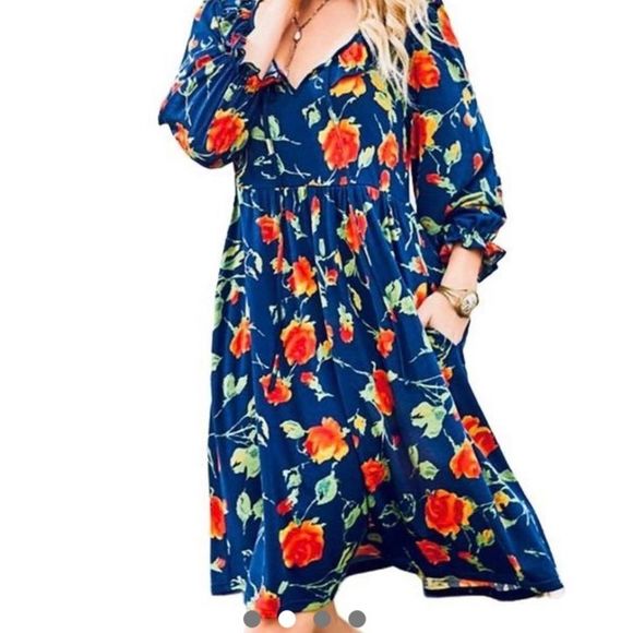 NEW Navy And Red Floral Dress With Ruffle & Empire Waist - Size L - Picture 2 of 4